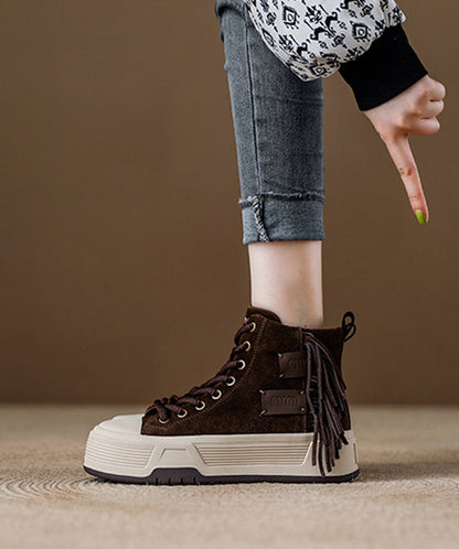 Coffee Tassel Lace Up Splicing Suede Boots