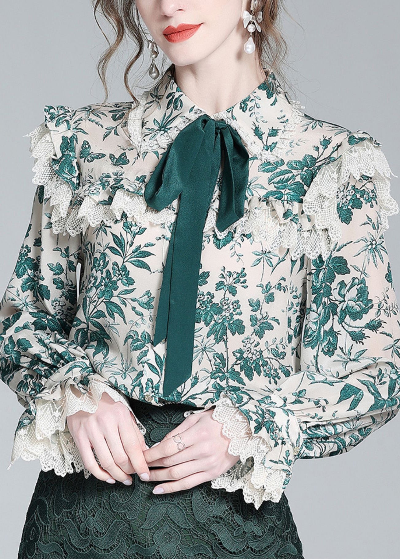 Green Peter Pan Collar Print Button Silk Shirt Long Sleeve