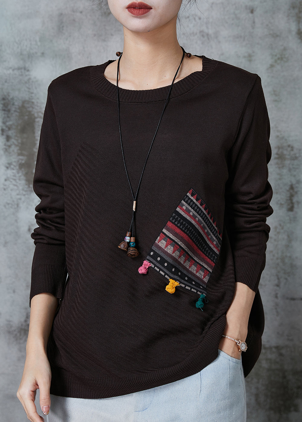 Chocolate Patchwork Knit Loose Sweaters O-neck Spring