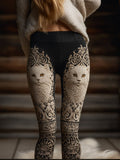 Comstylish Woman Cute Cat Black And White Color Blocked Pants