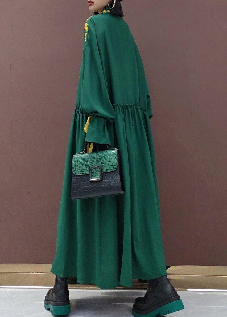 Lapel Cinched Spring Ideas Green Embroidery Long Dresses