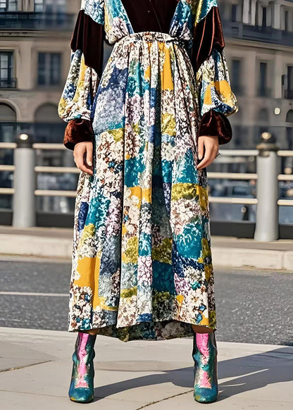 Boutique V Neck Patchwork Print Silk Velour Holiday Dress Spring