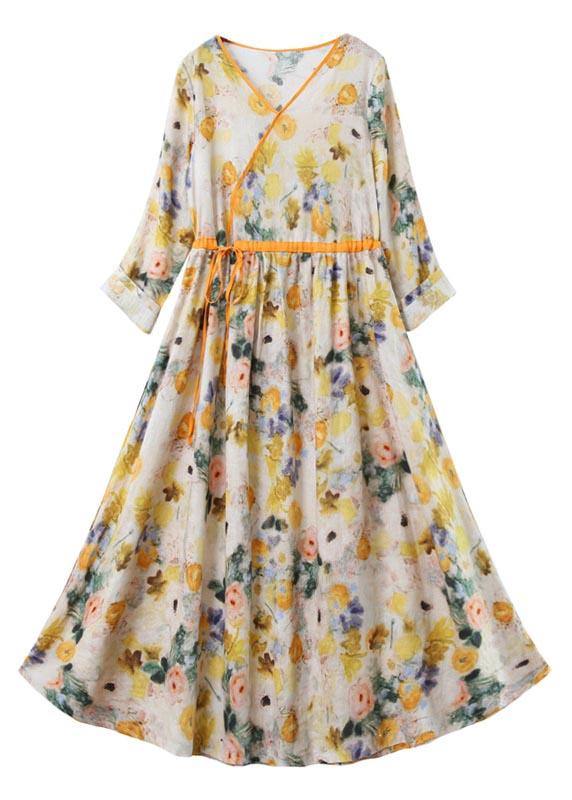 Yellow Print Linen Dress V Necktie Waist Summer Robe Dresses