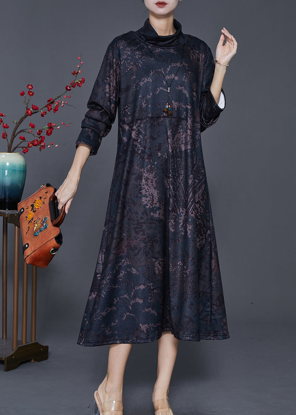 Black Stand Collar Print Warm Fleece Long Dress Winter