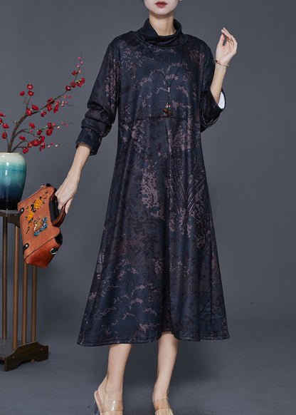 Black Stand Collar Print Warm Fleece Long Dress Winter