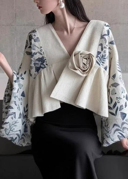 Natural Colorblock V Neck Print Patchwork Tops Flare Sleeve