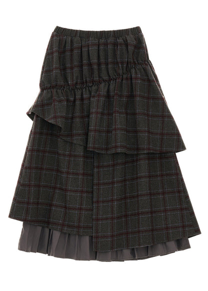 Grey Plaid False Two Pieces Patchwork Cotton Skirts Fall