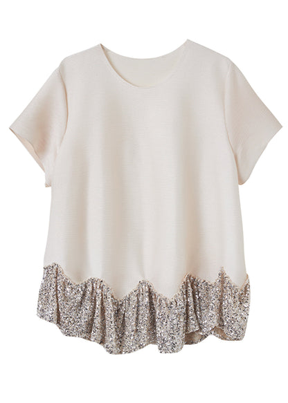 Short Sleeve Apricot O-neck Sequins Patchwork