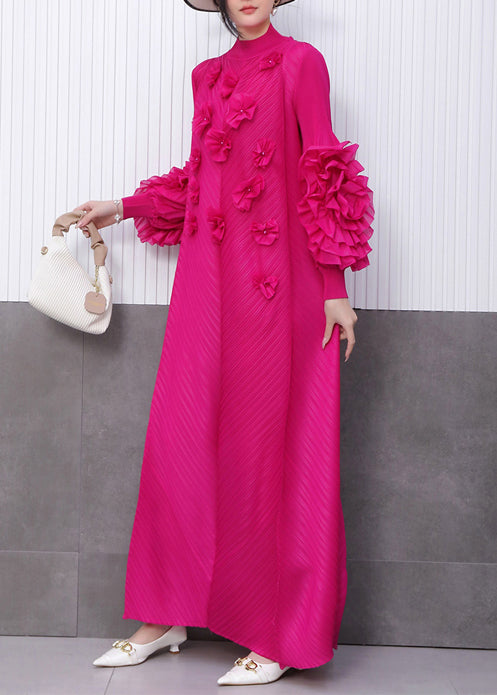 Rose Stand Collar Decorated Chiffon Long Dresses Fall