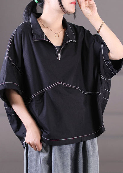 Black Zip Up Drawstring Cotton Sweatshirt Short Sleeve