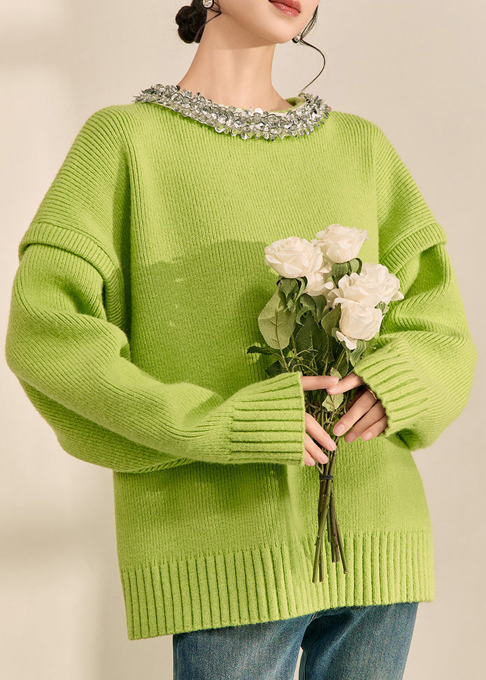 Green O-neck Patchwork Cotton Knit Sweater Long Sleeve Fall
