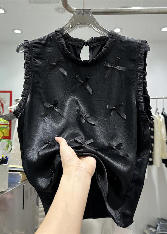 Chinese Style Black O-neck Ruffled Patchwork Bow Nail Bead Silk Tops Sleeveless