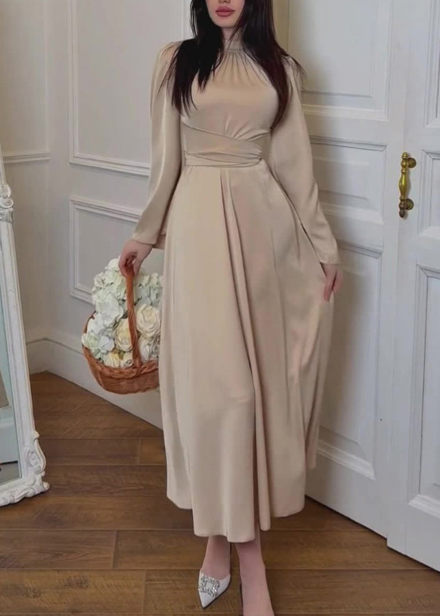 Apricot Stand Collar Lace Up Silk Dress Fall