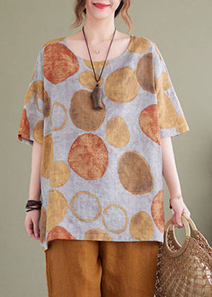 Orange Dot Print Linen Loose Tank Tops O-neck Short Sleeve