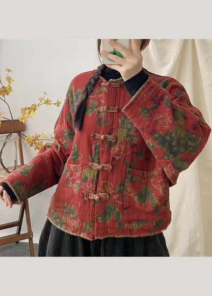 Orange Print Pockets Chinese Button Patchwork Cotton Coat Fall