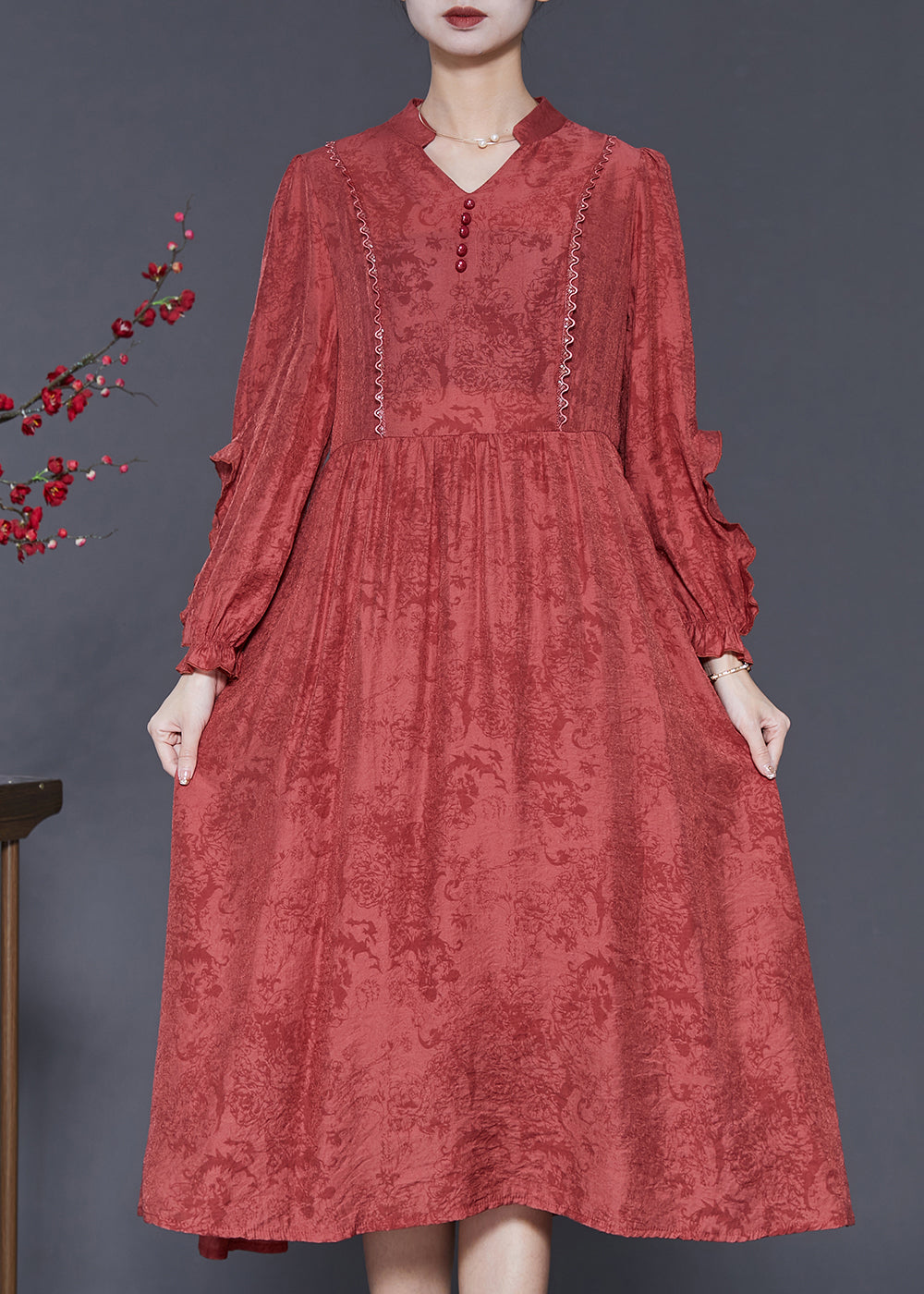 Red Ruffled Jacquard Cotton Robe Dresses Spring