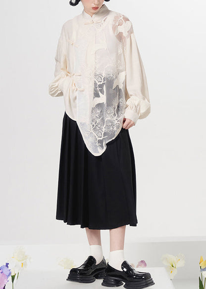 Loose White Embroideried Chinese Button Patchwork Tulle Shirt Top Spring