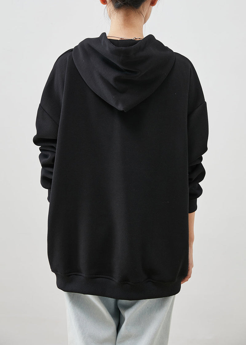 Fine Black Hooded Letter Print Cotton Sweatshirt Fall