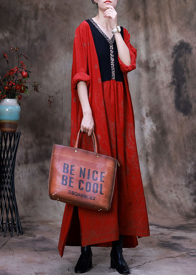 Red Asymmetrical Print Velour Robe Dresses Spring