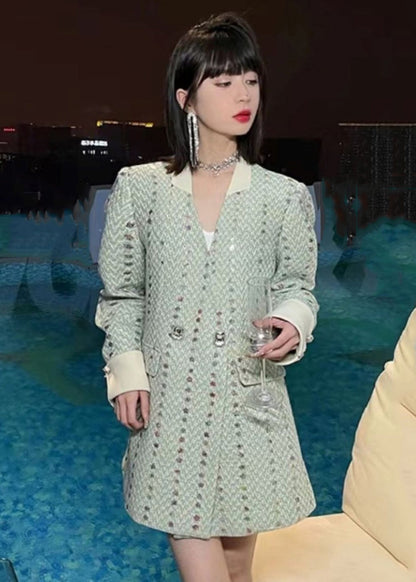 Light Green V Neck Button Cotton Coat Long Sleeve