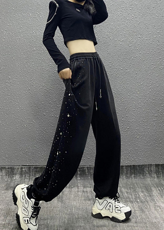 Black Pockets Zircon Warm Fleece Sport Pants Fall