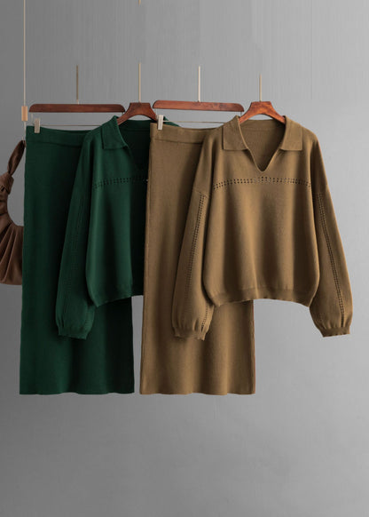 New Brown Hollow Out Tops and Skirts Knit Two Pieces Set Spring