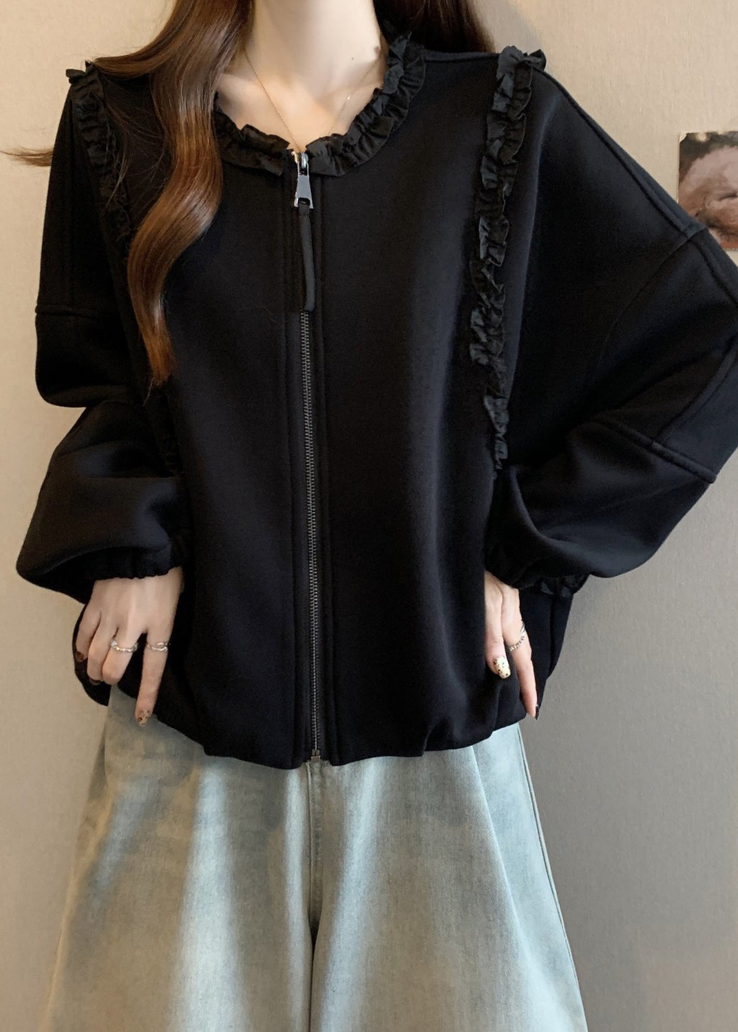 Black Zip Up Cotton Coats Ruffled Long Sleeve