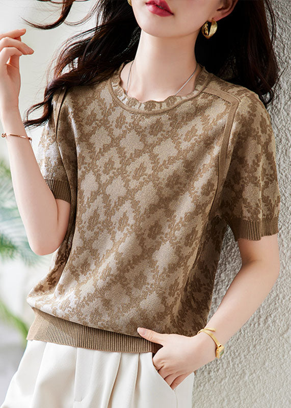 Art Khaki O-neck Print Knit Top Short Sleeve