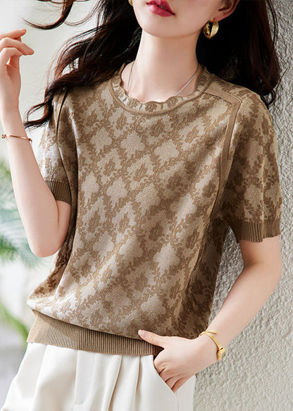 Art Khaki O-neck Print Knit Top Short Sleeve