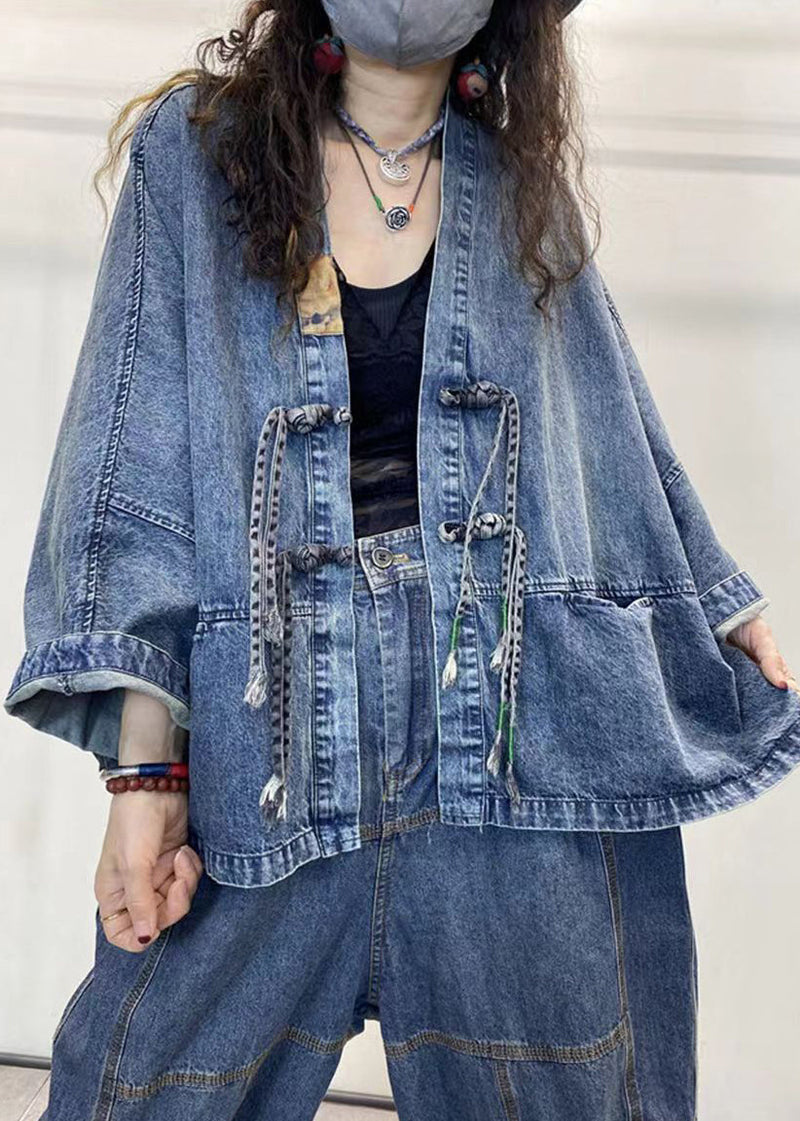 Loose Blue V Neck Button Patchwork Denim Coats Long Sleeve Spring