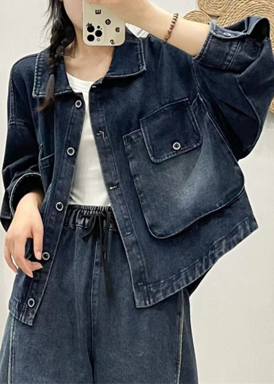 Modern Blue Button Pockets Patchwork Denim Coat Spring