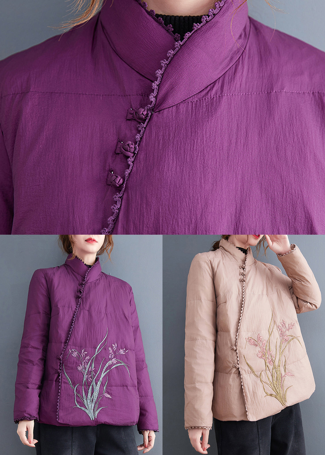 Pink Stand Collar Embroideried Fine Cotton Filled Jackets Winter