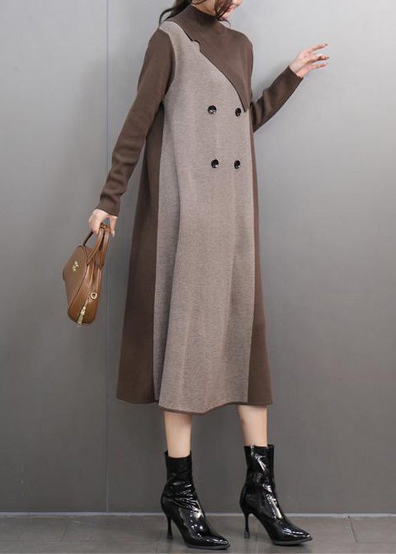 Khaki Turtleneck Patchwork Cotton Knit Sweaters Dress Winter