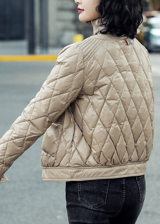 Khaki V Neck Pockets Duck Down Puffers Jackets Winter