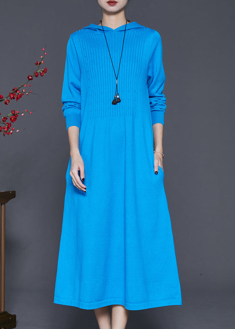 Blue Hooded Silm Fit Knit Long Dress Spring