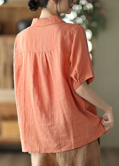 Orange Peter Pan Collar Double Breast Linen Shirt Tops Short Sleeve