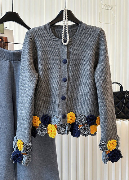 Grey O-neck Knit Cardigan Winter