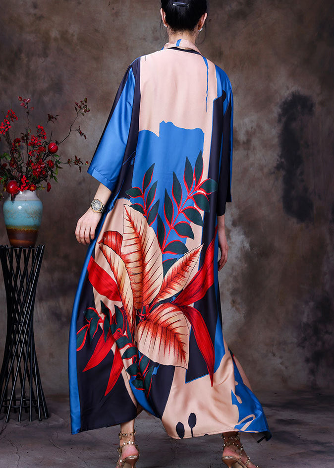 Blue Black Peter Pan Collar Print Silk Long Shirt Bracelet Sleeve