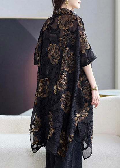 Black Asymmetrical Print Chiffon Cardigans Summer
