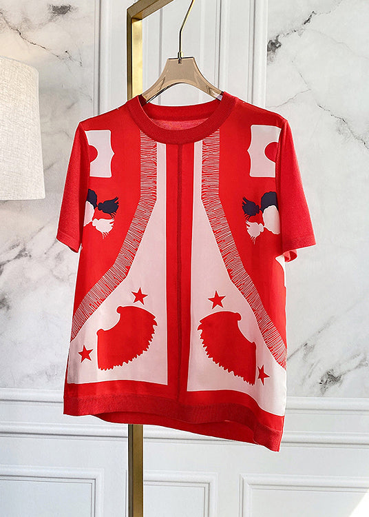 Red O-neck Print Silk Patchwork Knit Top Short Sleeve