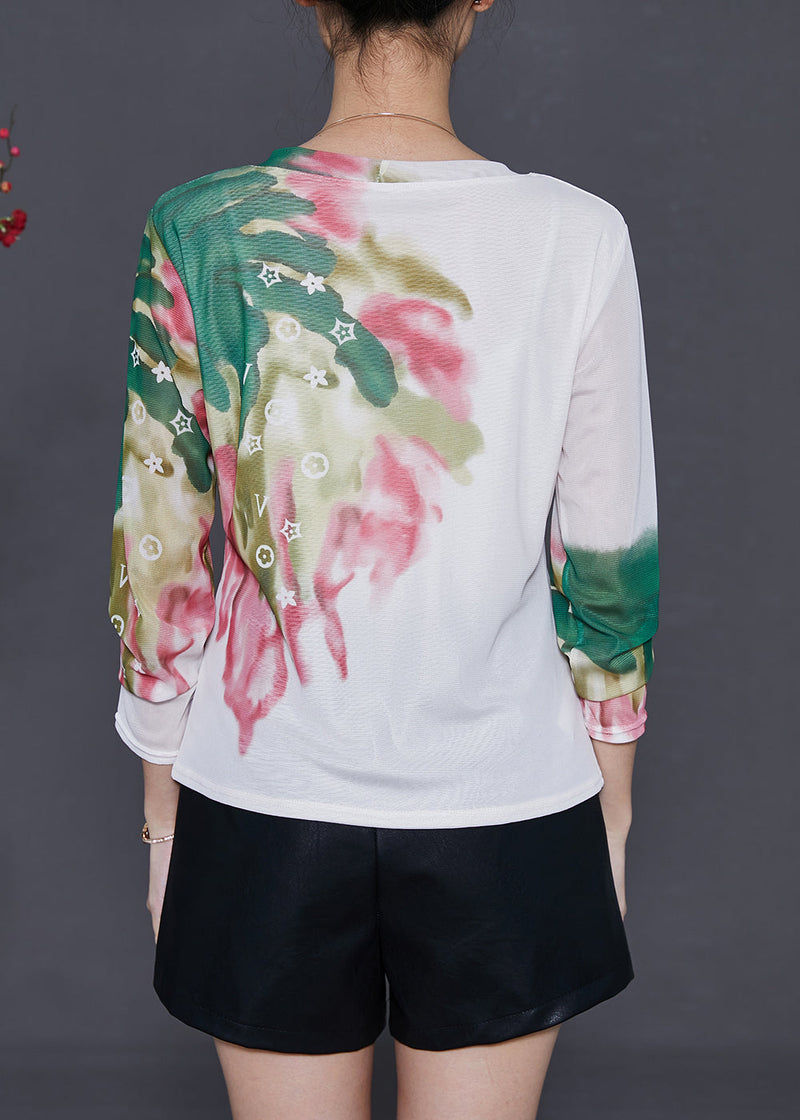 White Print Tulle Blouse Tops Summer