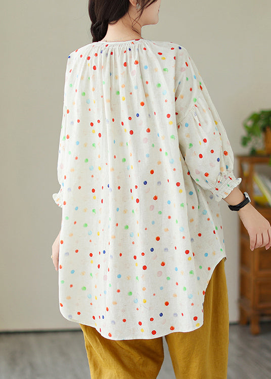 Beige O Neck Print Wrinkled Cotton Shirt Tops Summer