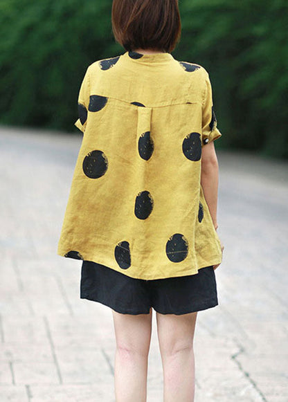 Blue Dot Print Patchwork Linen Top Button Stand Collar Summer