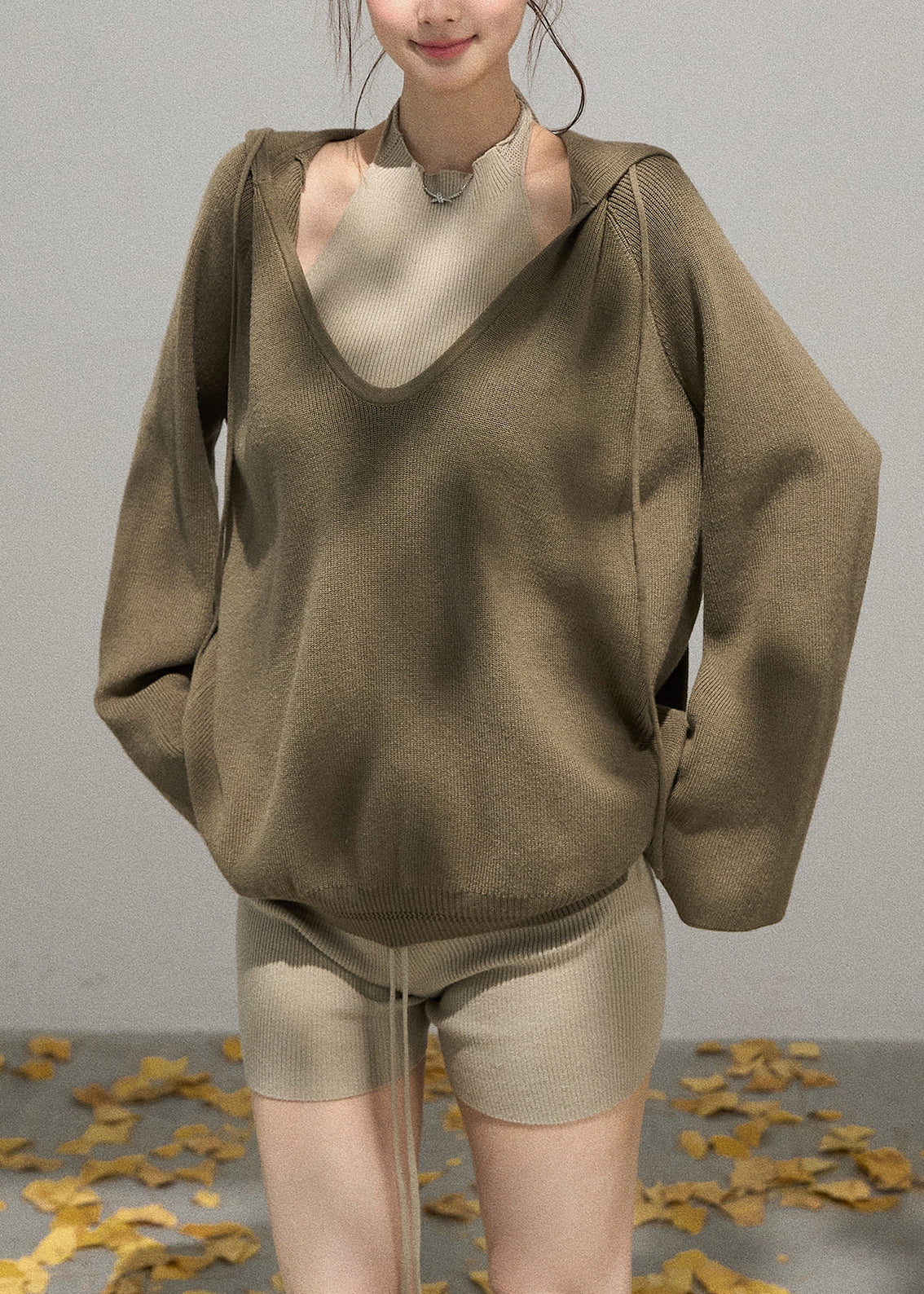 Army Green Knit Pullover V Neck Hooded Fall