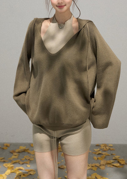 Army Green Knit Pullover V Neck Hooded Fall