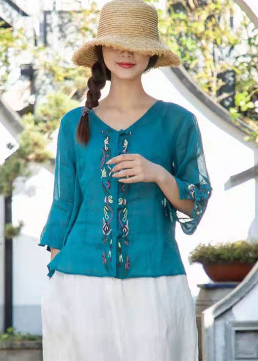 Organic Peacock Blue Embroideried Linen Top Three Quarter Sleeve
