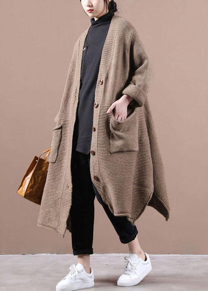 Chocolate V Neck Pockets Fall Long Sweater Coat