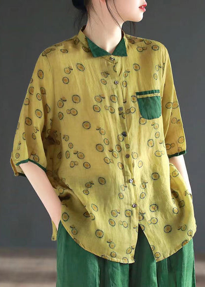 Yellow Stand Collar Print Button Ramie Shirts Half Sleeve