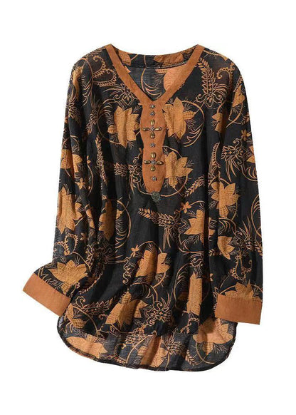 Yellow V Neck Print Patchwork Silk Shirt Top Fall