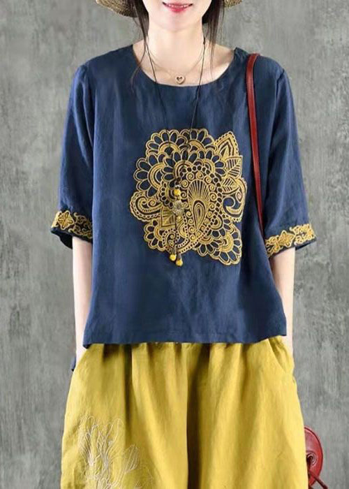 Navy O Neck Embroidered Cotton T Shirt Summer